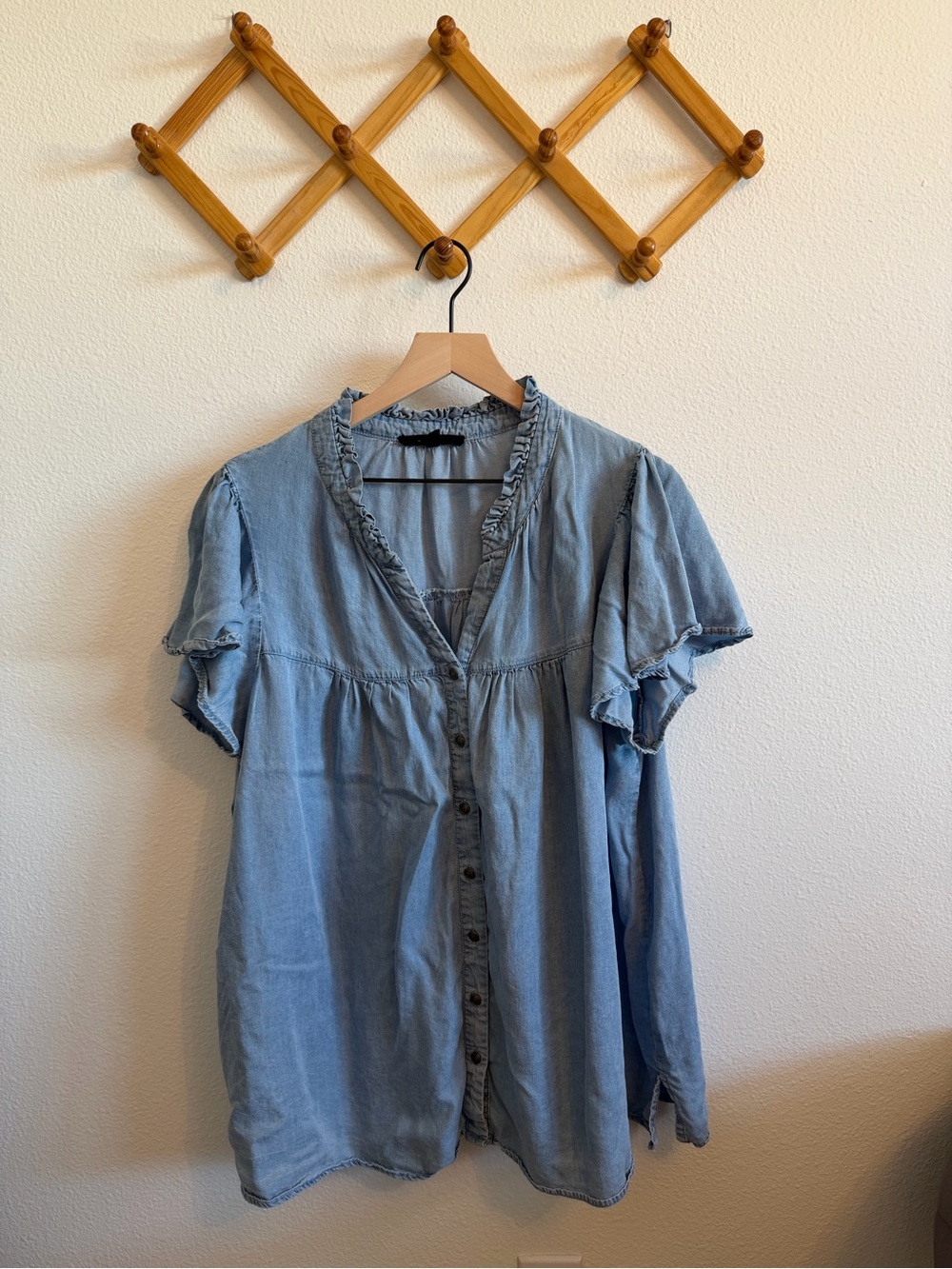 Jane and Delancey Light Blue Ruffle Button-Front Chambray Blouse